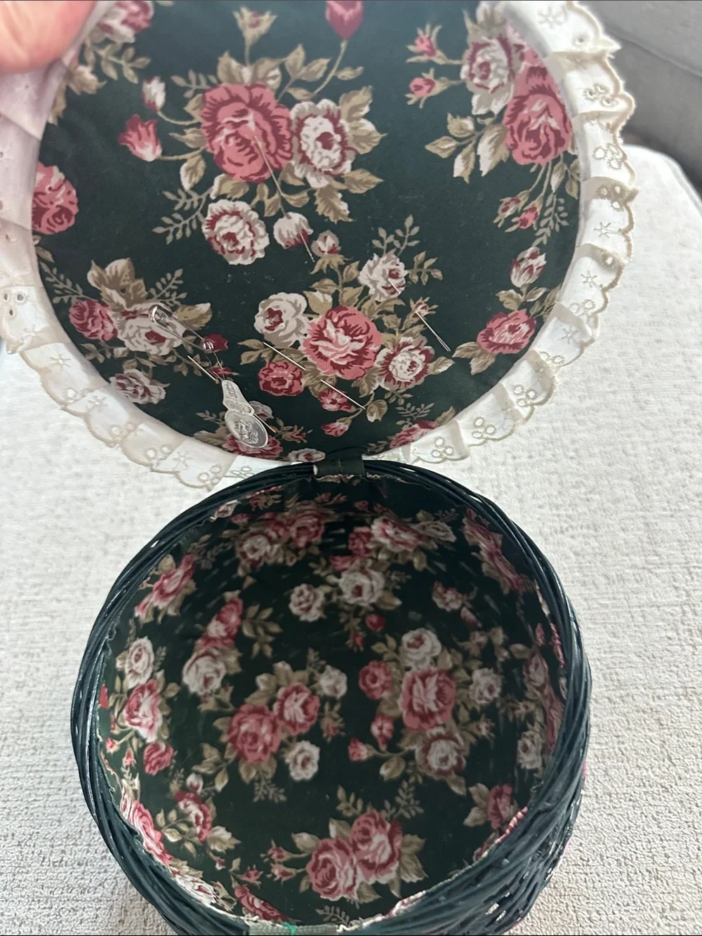 Cottagecore Dark Wicker Round Craft/Sewing Basket with Ruffled Eyelet Detail